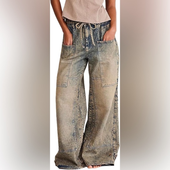 NWOT free people we the free extreme baggy denim jeans with tie size xs